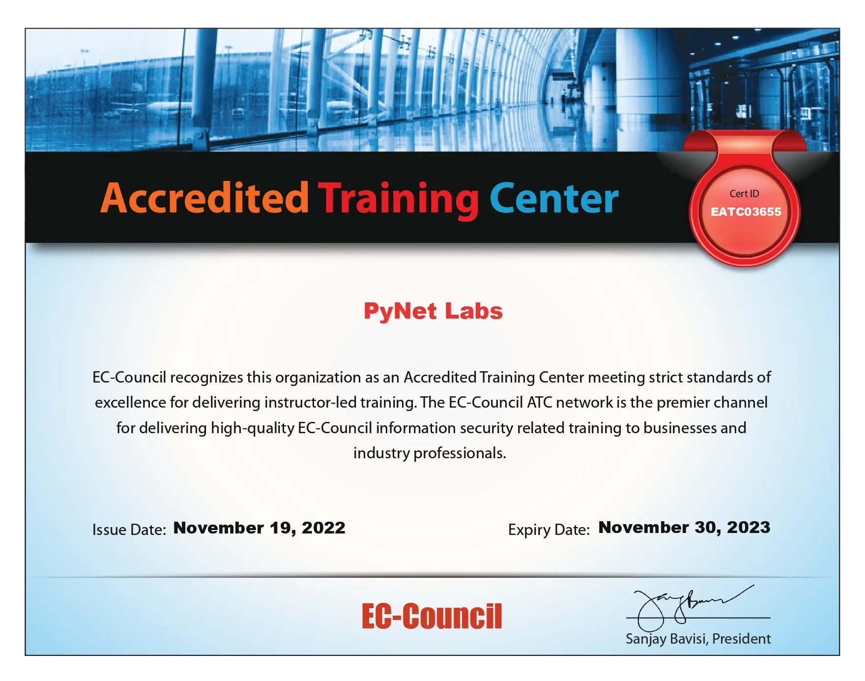 PyNet Labs' CEH Accredited Training Center Certificate