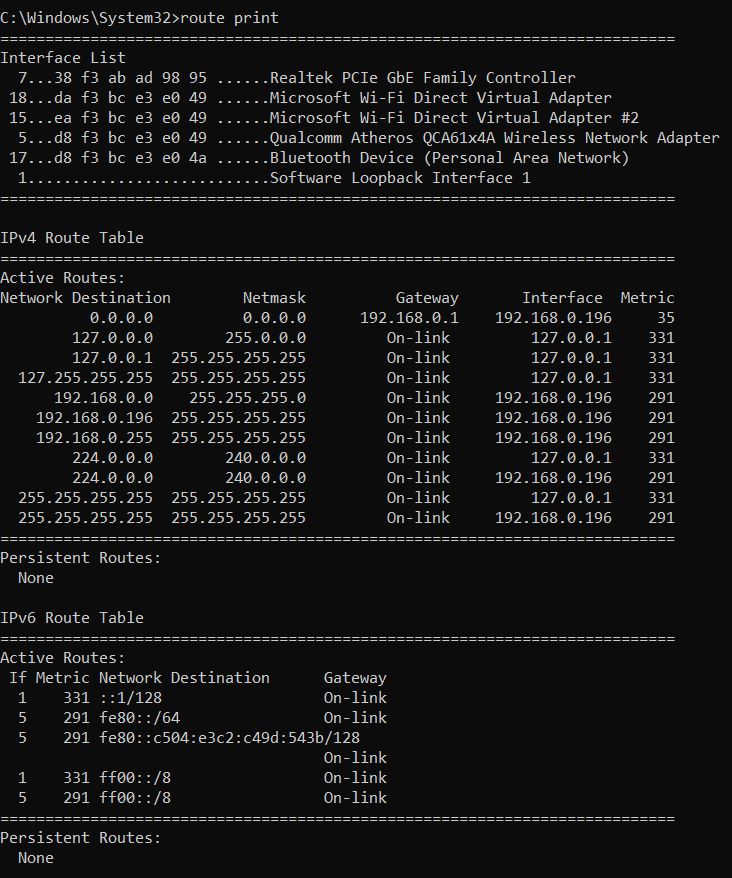 Routing Table using route print command