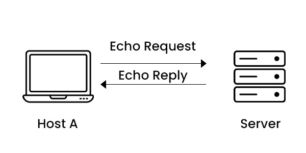 Image showing how ICMP Works, where a Host computer sends ECHO request to server and it reply backs with Echo reply.