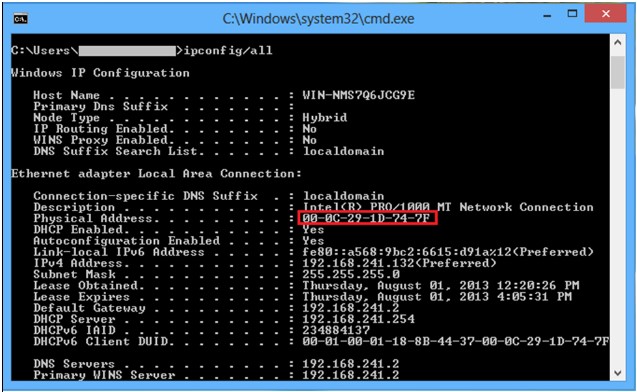 Image showing how MAC address will look on a windows using CMD command prompt