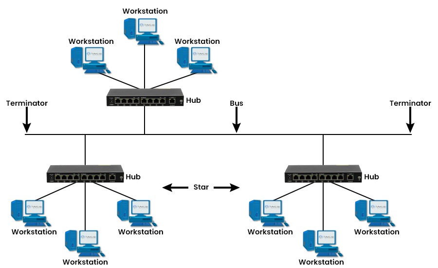 Shows 3 sets of 3 workstations connected to hubs and connected in Bus Tree Topology