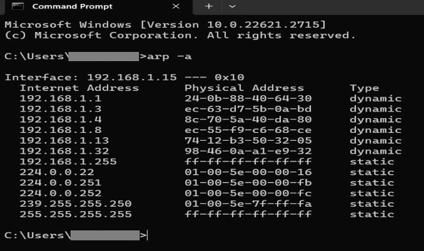 Command prompt window showing how passive detection of the ARP poisoning can be done.
