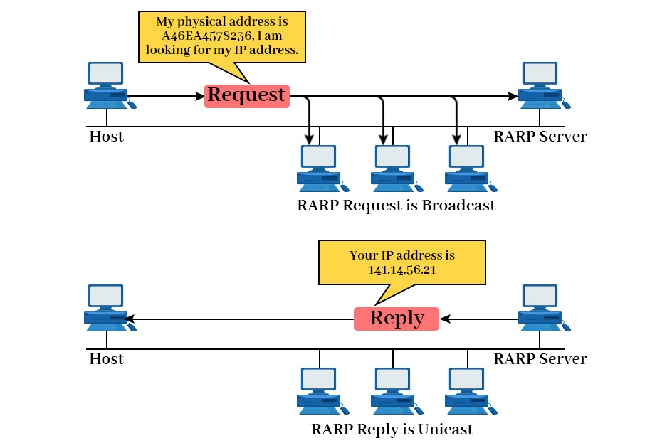 Working of RARP Protocol where a host requests its IP Address to RARP Server and Server replies with its IP Address