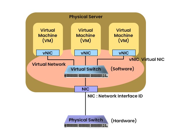 A Physical Server containing 3 virtual machines connected to virtual switch and NIC which is further connected to a Physical Switch