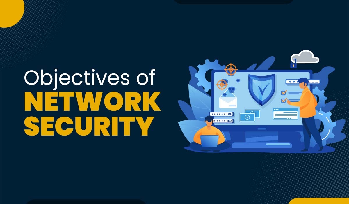 A blog featured image with text network security objectives and an image of two people performing security