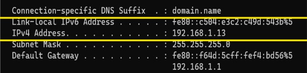 A command prompt window showing both the IPv4 and IPv6 addresses.