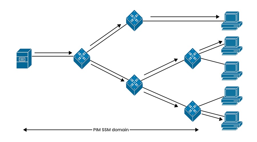 A network topology of PIM Protocol in Source specific multicast mode containing 1 server, 5 routers, and 5 PCs.
