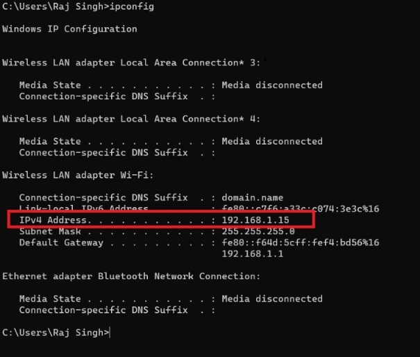 A command prompt showing how you can find the Private IP Address using it.