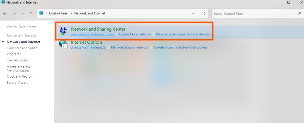 Select network and sharing center in Network and Internet