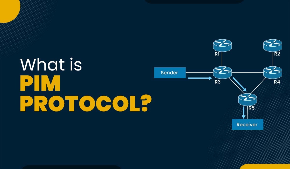 A blog featured image with text - What is PIM Protocol and an image of PIM Protocol Topology containing Source Tree