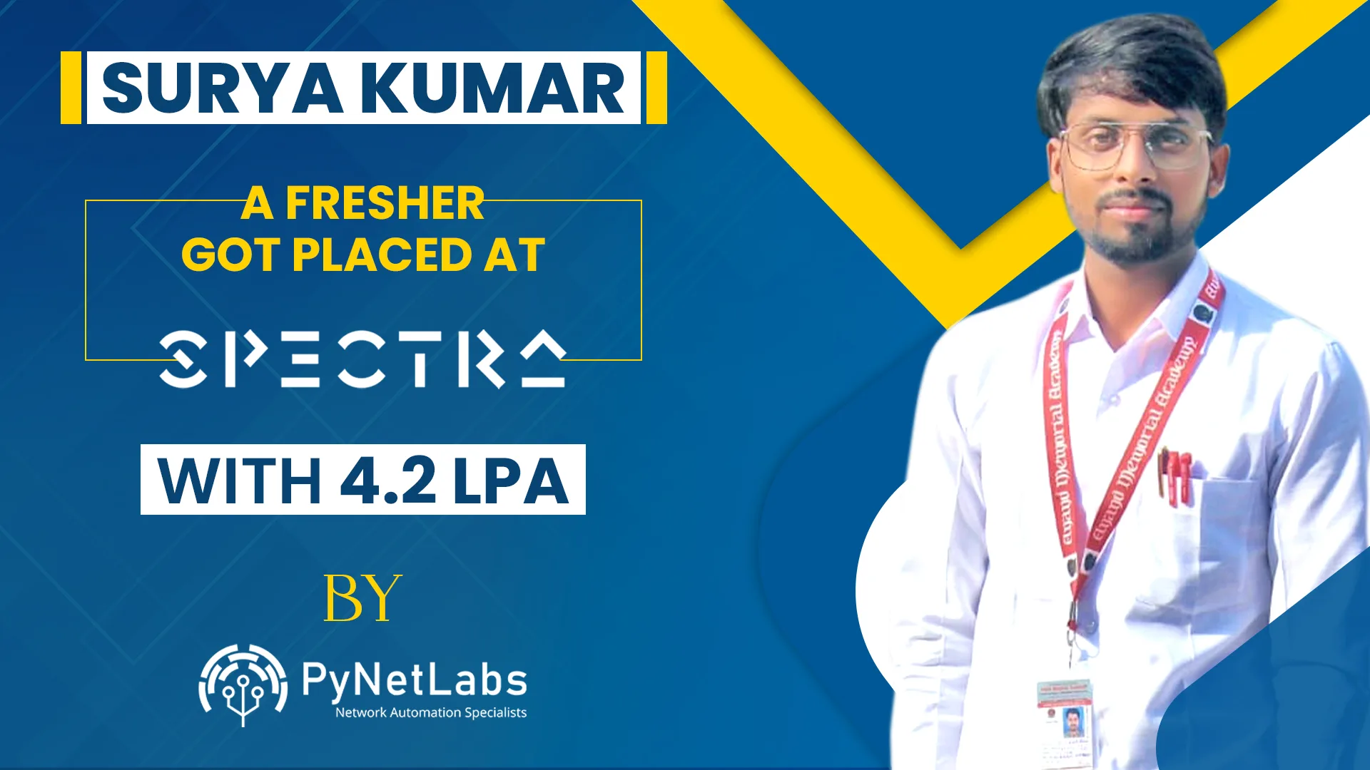 Surya Kumar, a fresher. got placed at Spectra with 4.2 LPA by PyNet Labs