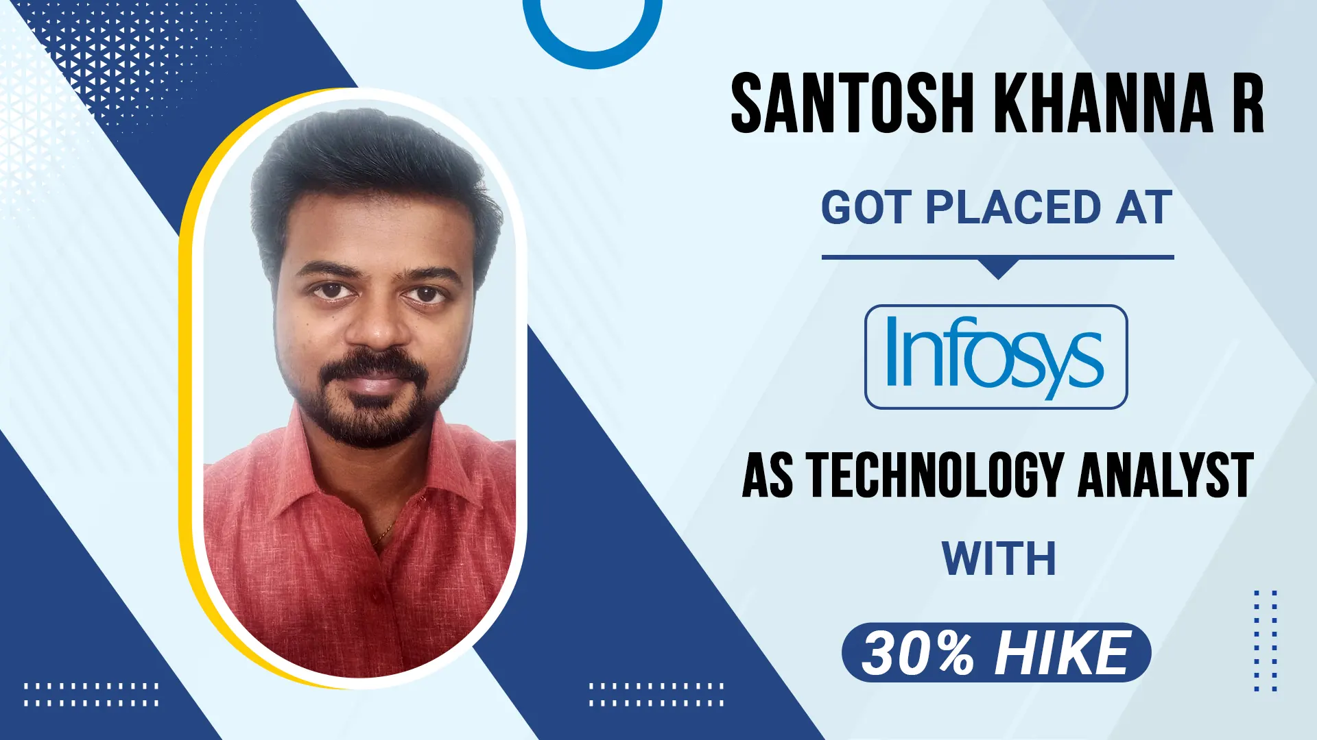 Santosh Khanna R got placed at Infosys as Technology Analyst with 30% Hike