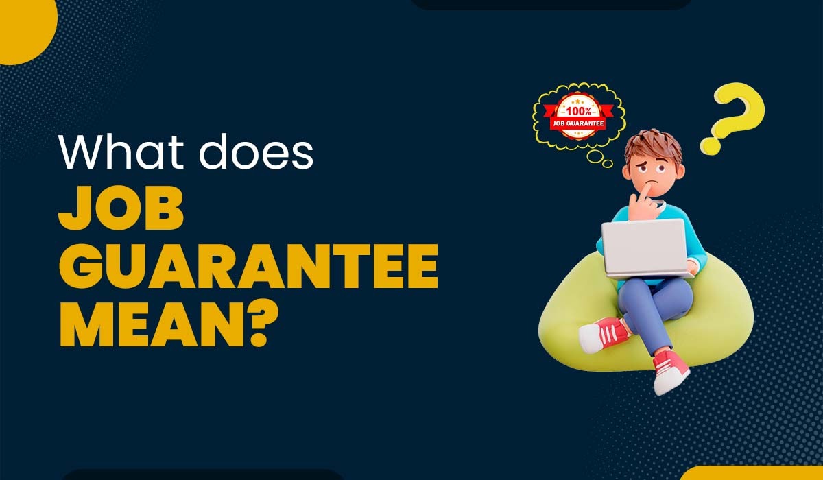 A blog featured image with text - What does Job Guarantee mean and a guy sitting thinking about Job Guarantee.