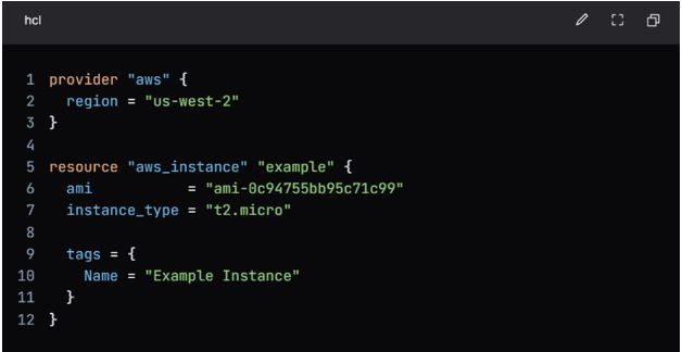 A code block defining an AWS provider and a single resource of type “aws_instance” named “example”