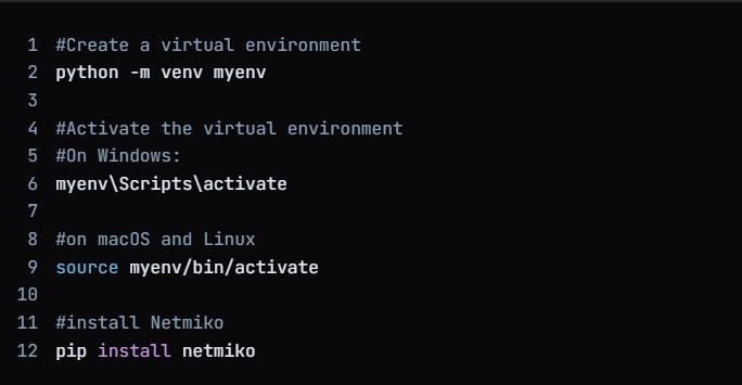 Command showing how to install Netmiko with a Virtual Environment