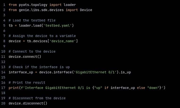 A Python program used for pyATS to automate network device testing