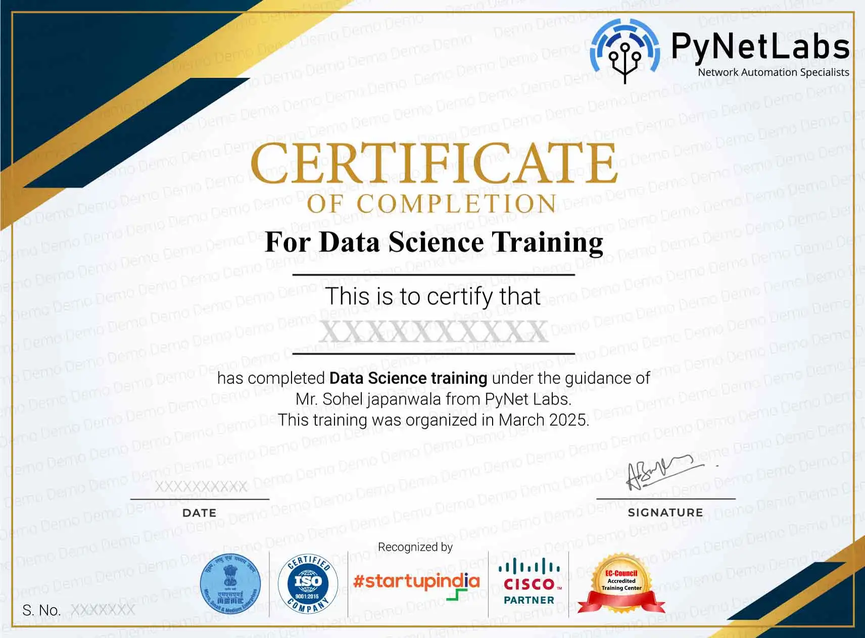 Demo Certificate for data science course